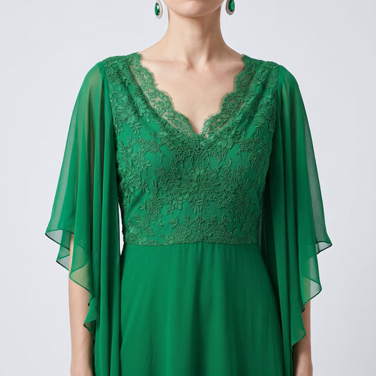 Emerald Lace Cape Sleeve Gown