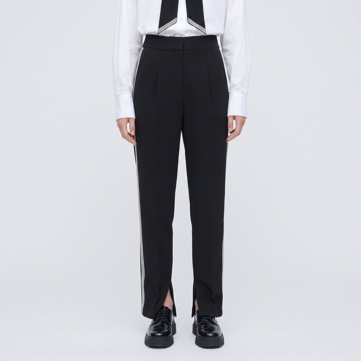 Embellished Crepe Split-Hem Trousers