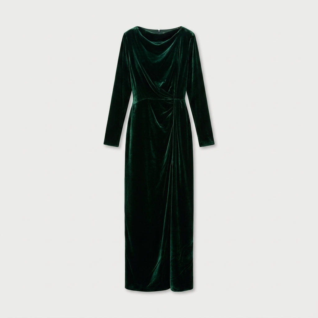 NATAN Draped Emerald Velvet Maxi Dress