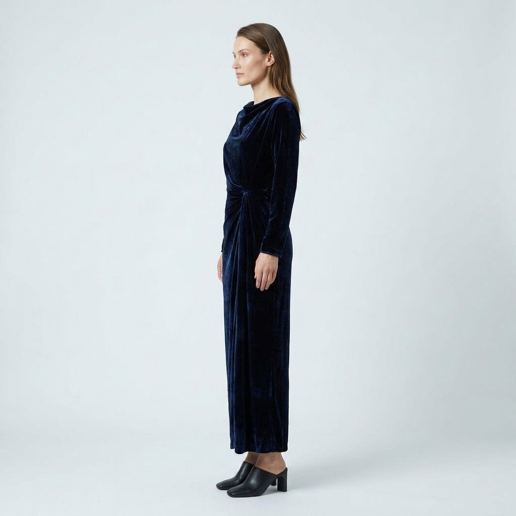 NATAN Draped Navy Velvet Midi Dress - view 3